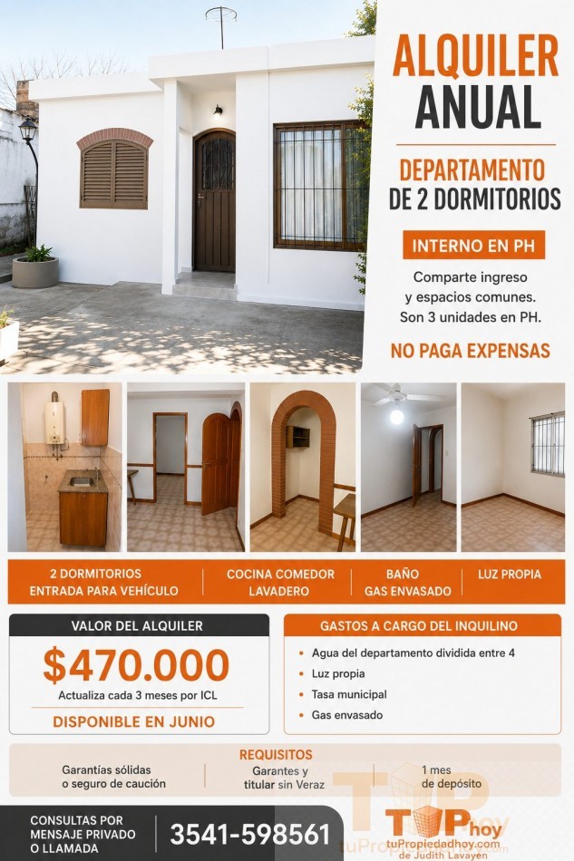 ALQUILER ANUAL - PH INTERNO DE 2 DORMITORIOS a 1 cdra de la Av. Los Sauces - Villa Carlos Paz